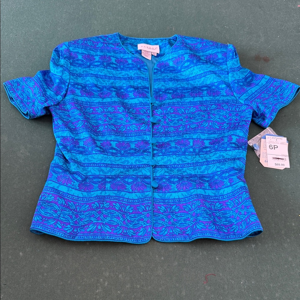 Papell Boutique Blue Patterned Button Down Shirt. CAJA. # 1. D